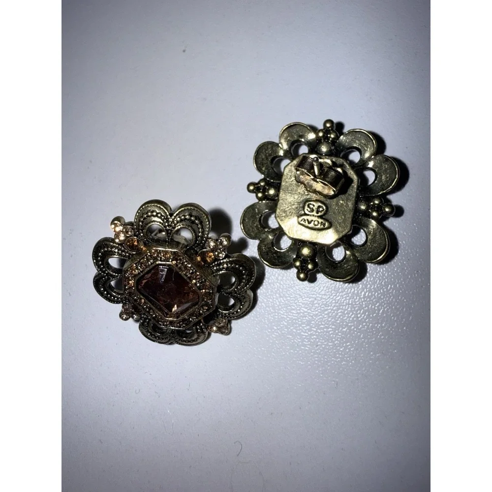 Vtg Goldtone Yellow Crystal‎ Ornate AVON SO SP Pierced Earrings 1